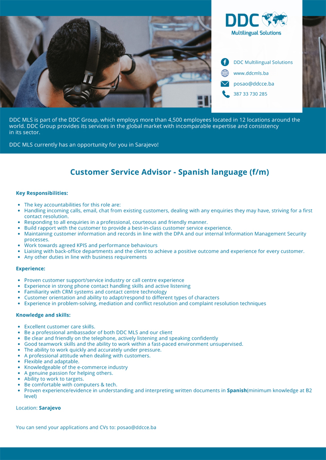 Customer Service Advisor Spanish language (f/m) Oglasi za posao